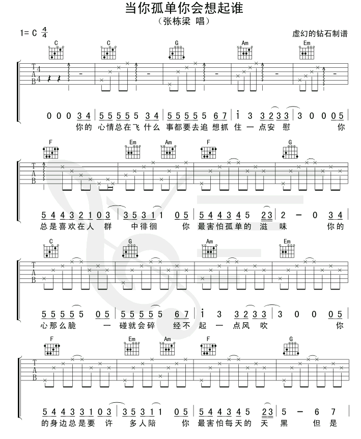 当你孤单你会想起谁 吉他谱 - 第1张
