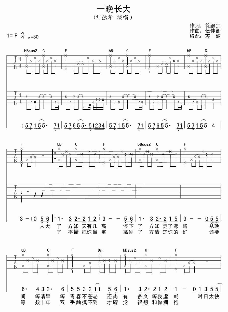 一晚长大 吉他谱 - 第1张