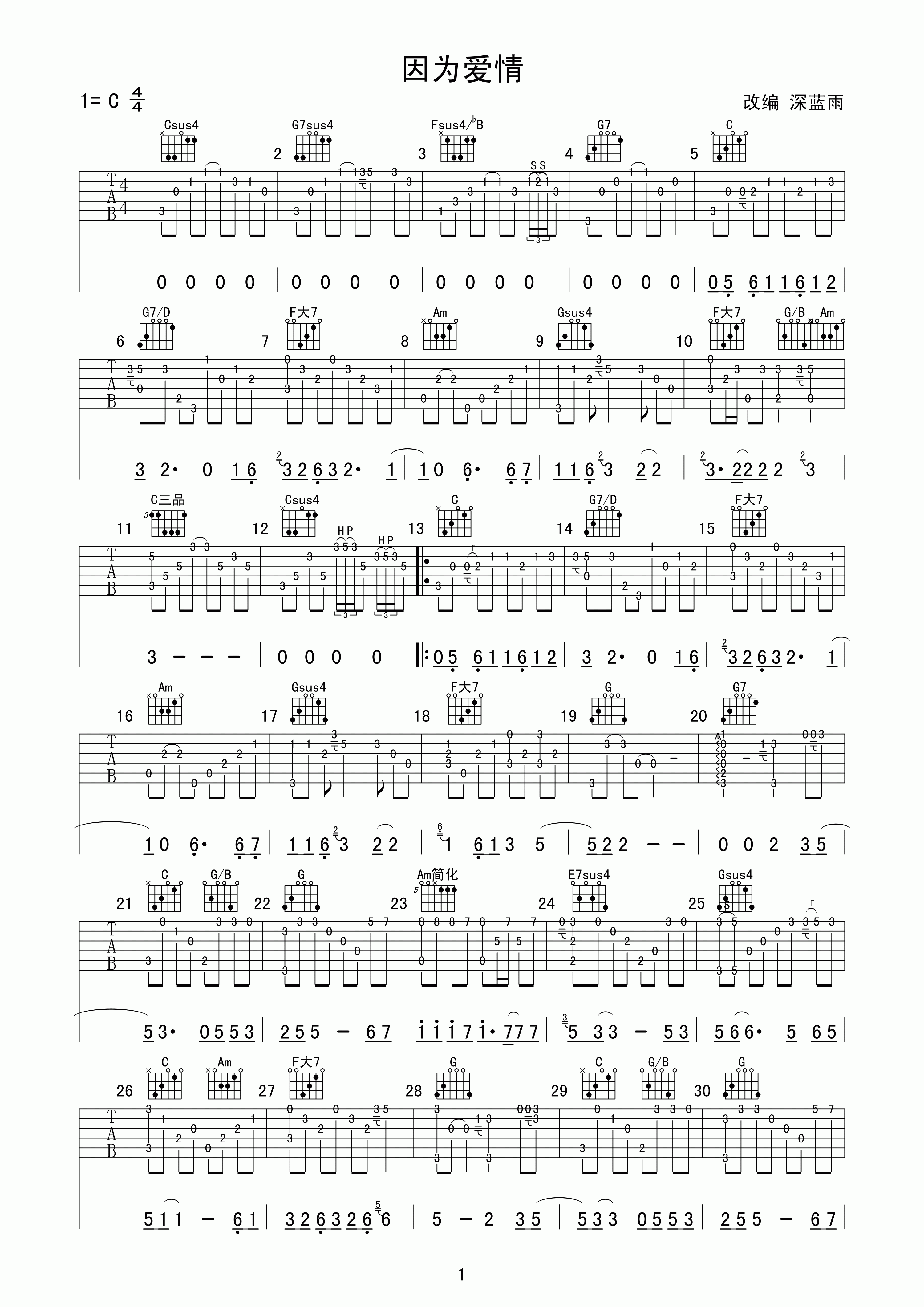 因为爱情吉他谱_陈奕迅,王菲_C调弹唱 - 吉他世界网