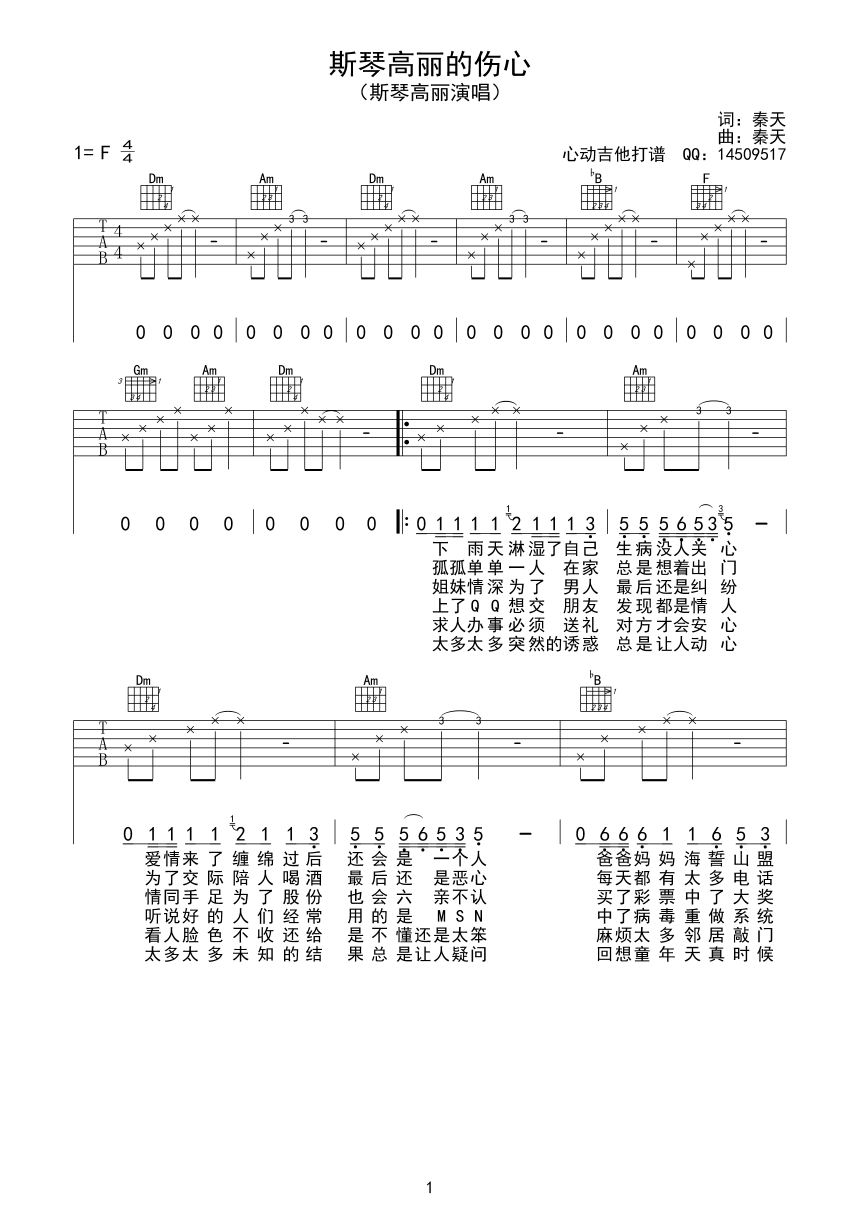 斯琴高丽的伤心 吉他谱 - 第1张