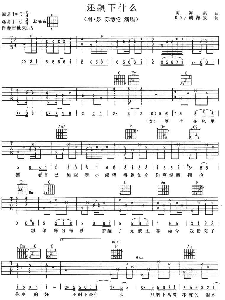 还剩下什么（羽泉&苏慧伦） 吉他谱 - 第1张