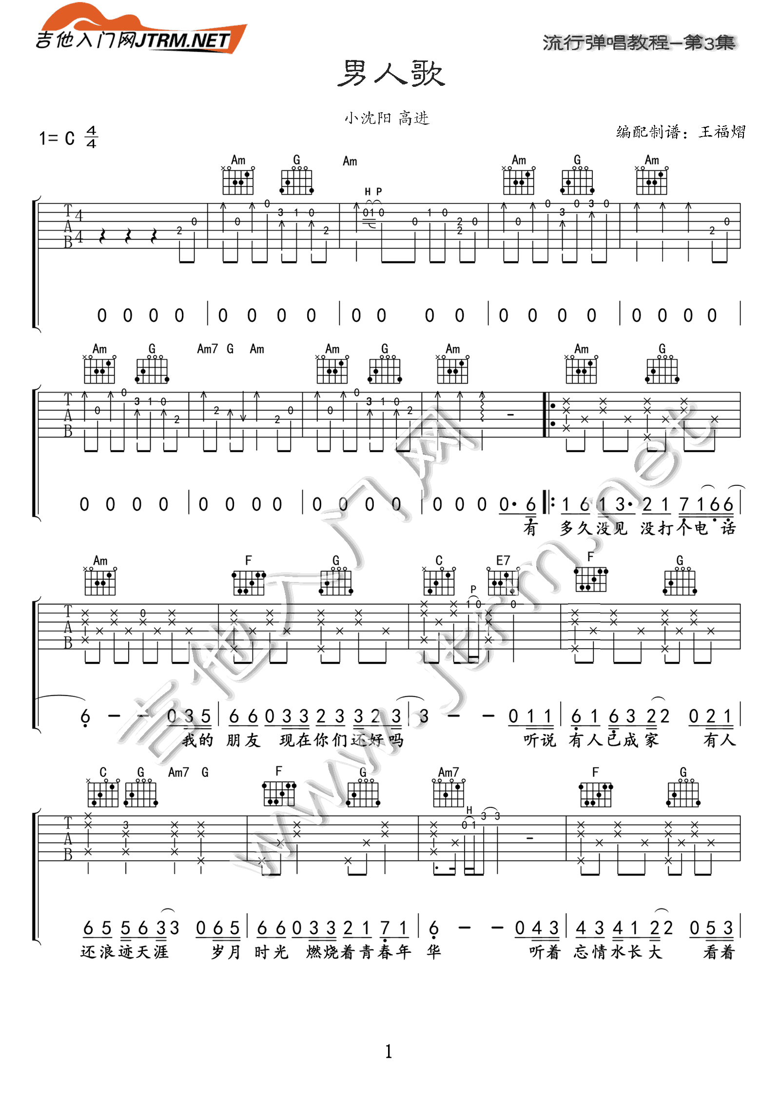 男人歌 吉他谱 - 第1张