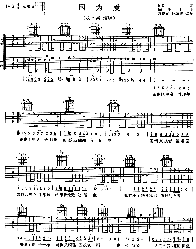 因为爱 吉他谱 - 第1张