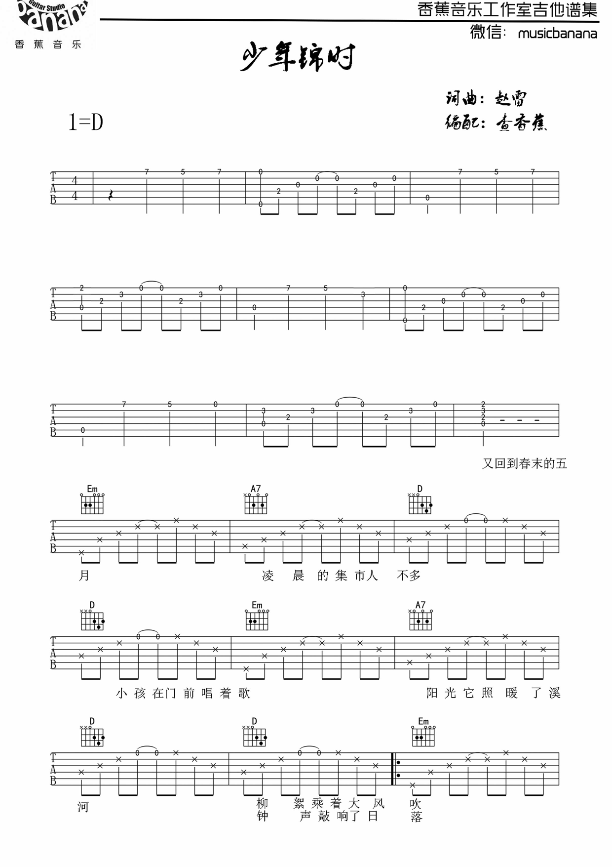 少年锦时（中国好声音版D调） 吉他谱 - 第1张