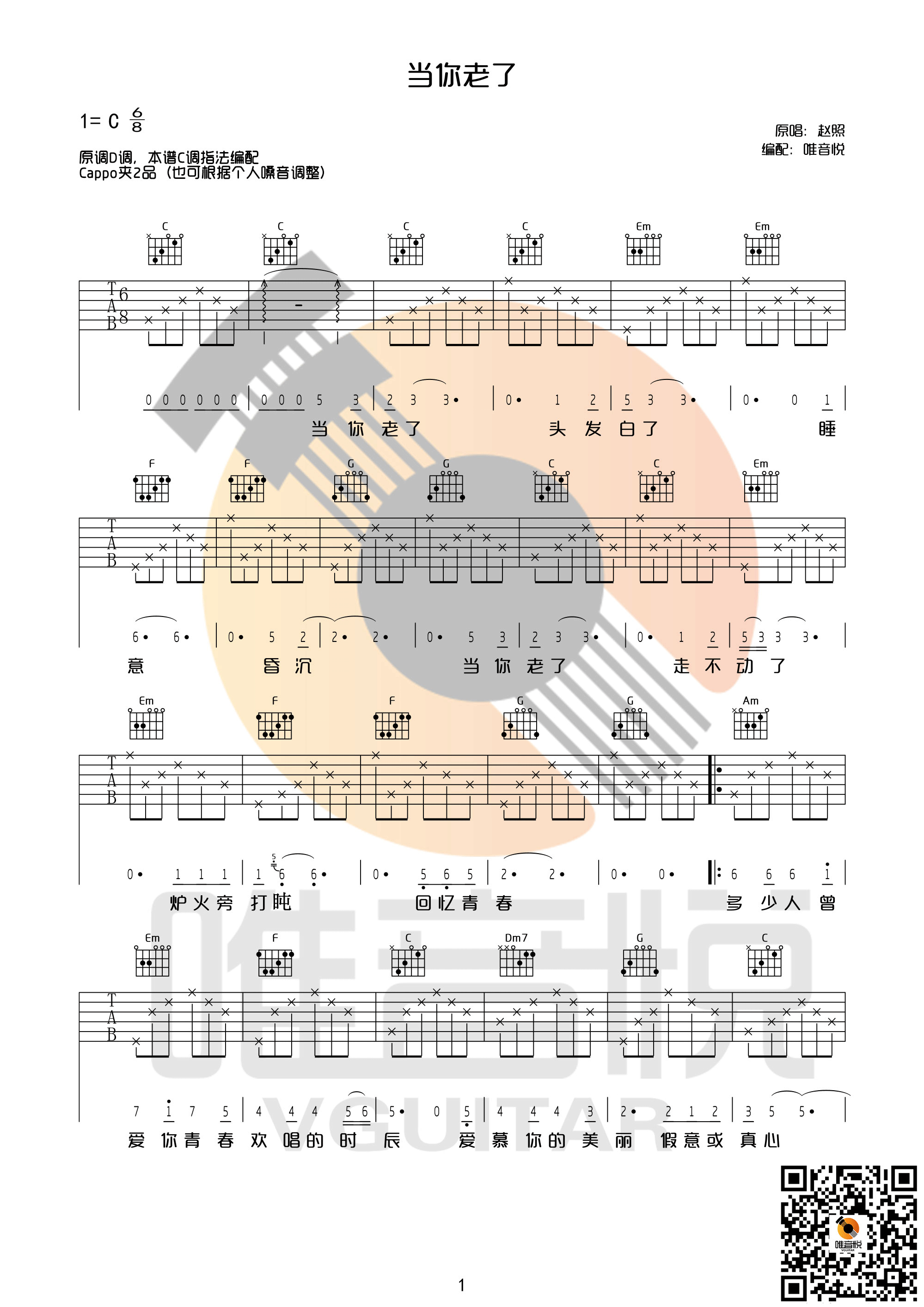 当你老了（D调 口琴solo间奏完整版） 吉他谱 - 第1张