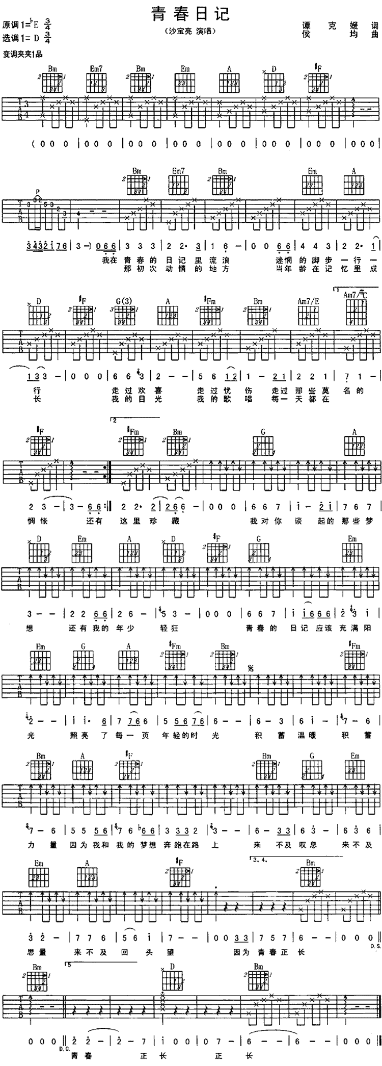 青春日记 吉他谱 - 第1张