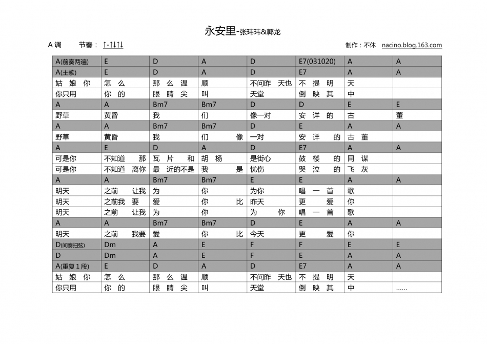 永安里 吉他谱 - 第1张