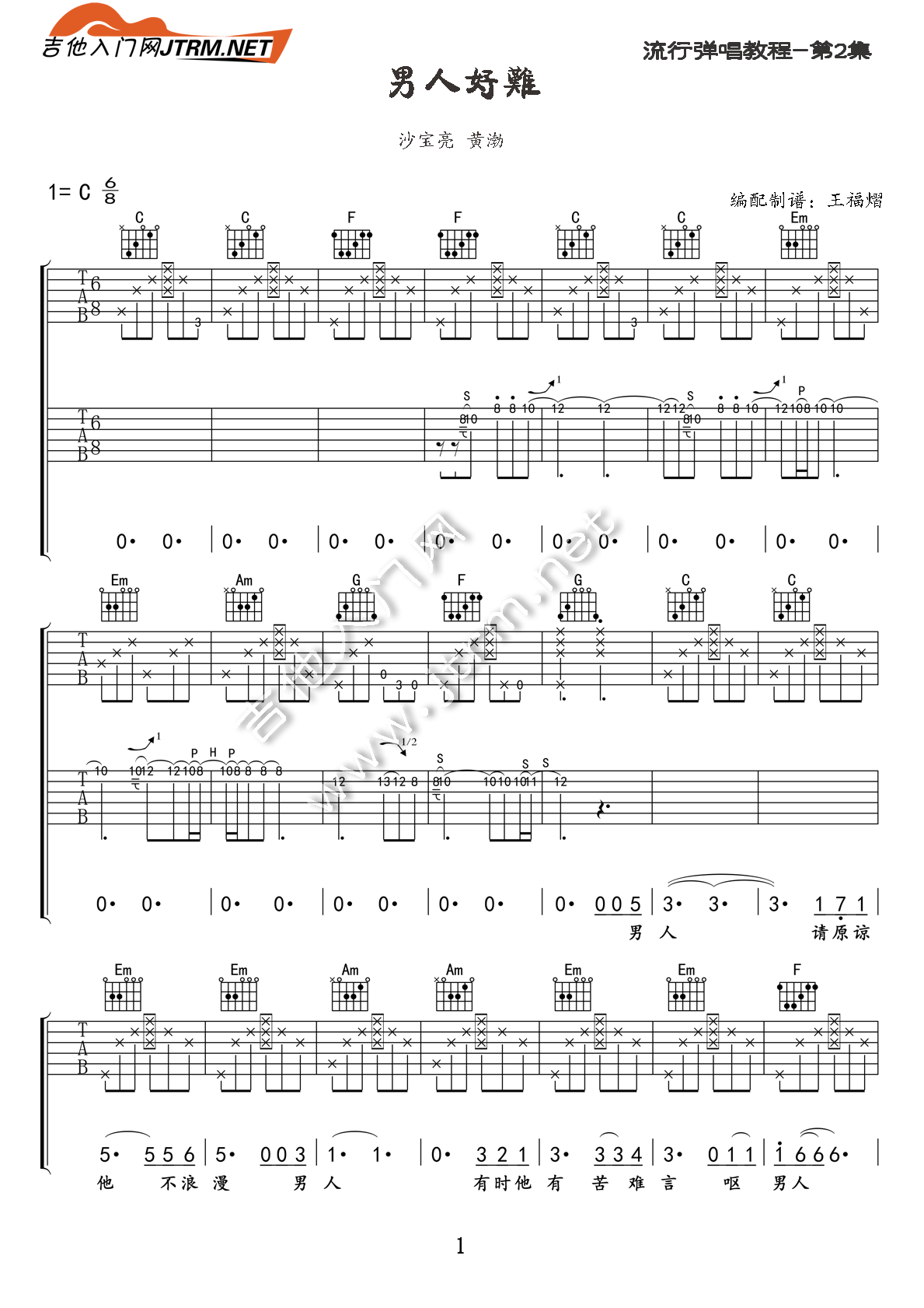 男人好难（C调，沙宝亮 / 黄渤合唱） 吉他谱 - 第1张