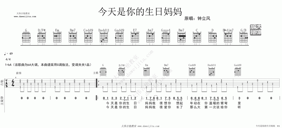 今天是你的生日妈妈 吉他谱 - 第1张