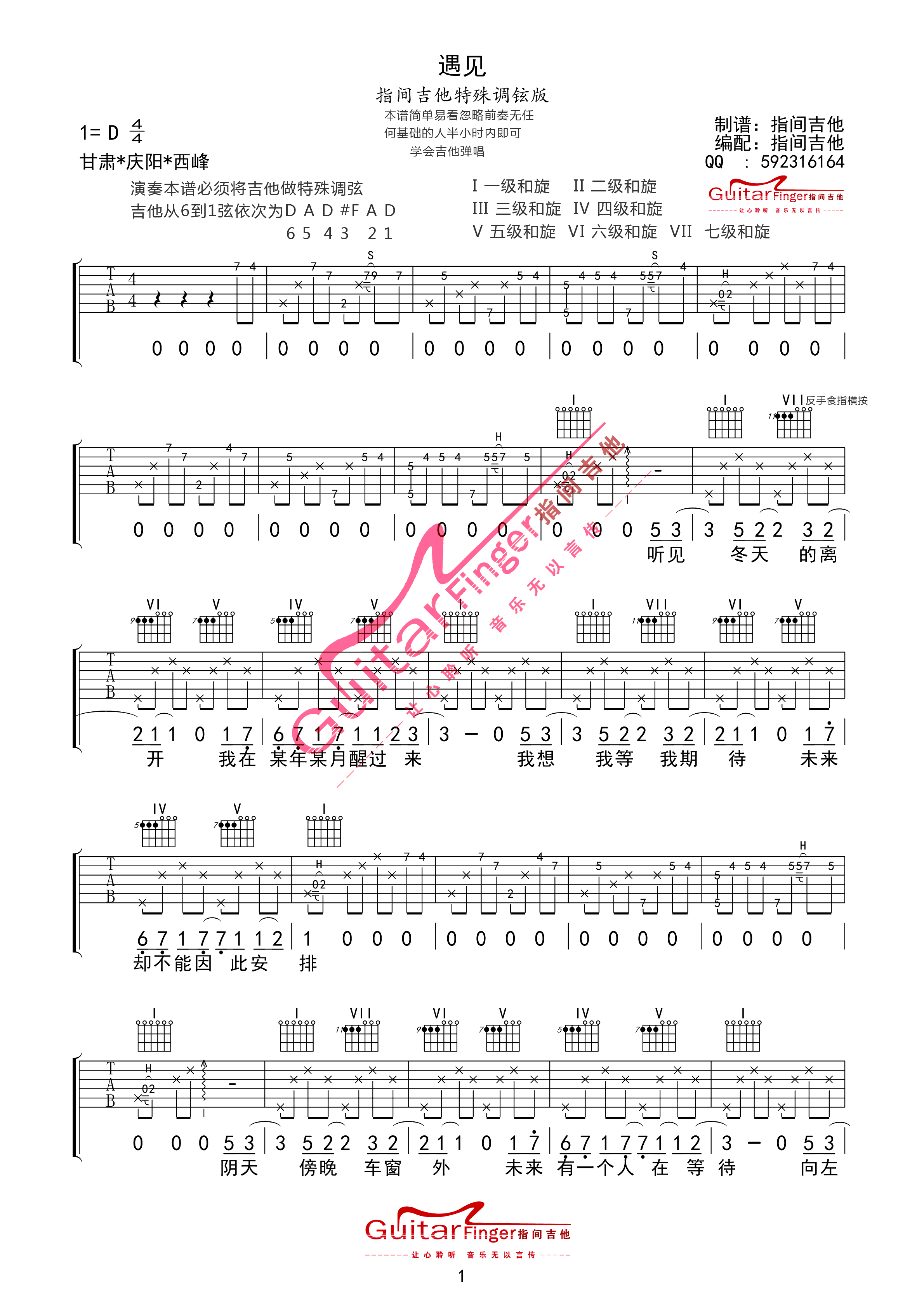  遇见（D调简单版） 吉他谱 - 第1张