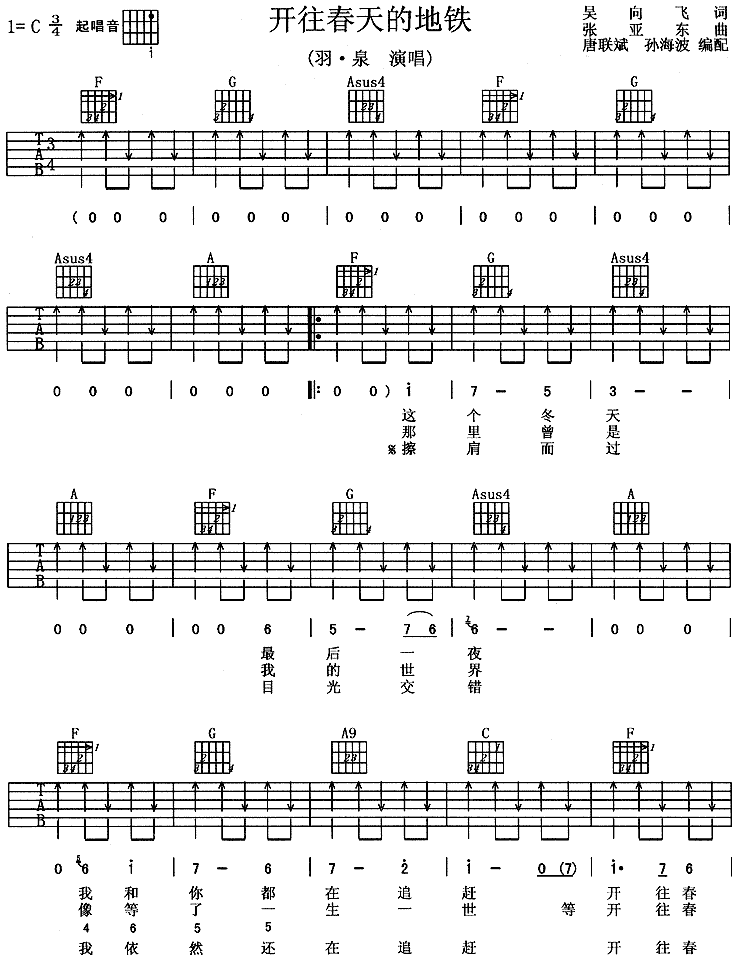 开往春天的地铁 吉他谱 - 第1张