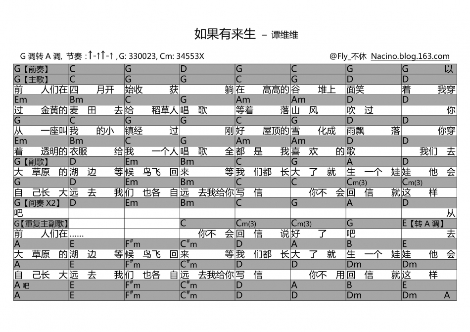 如果有来生（G调转A调） 吉他谱 - 第1张