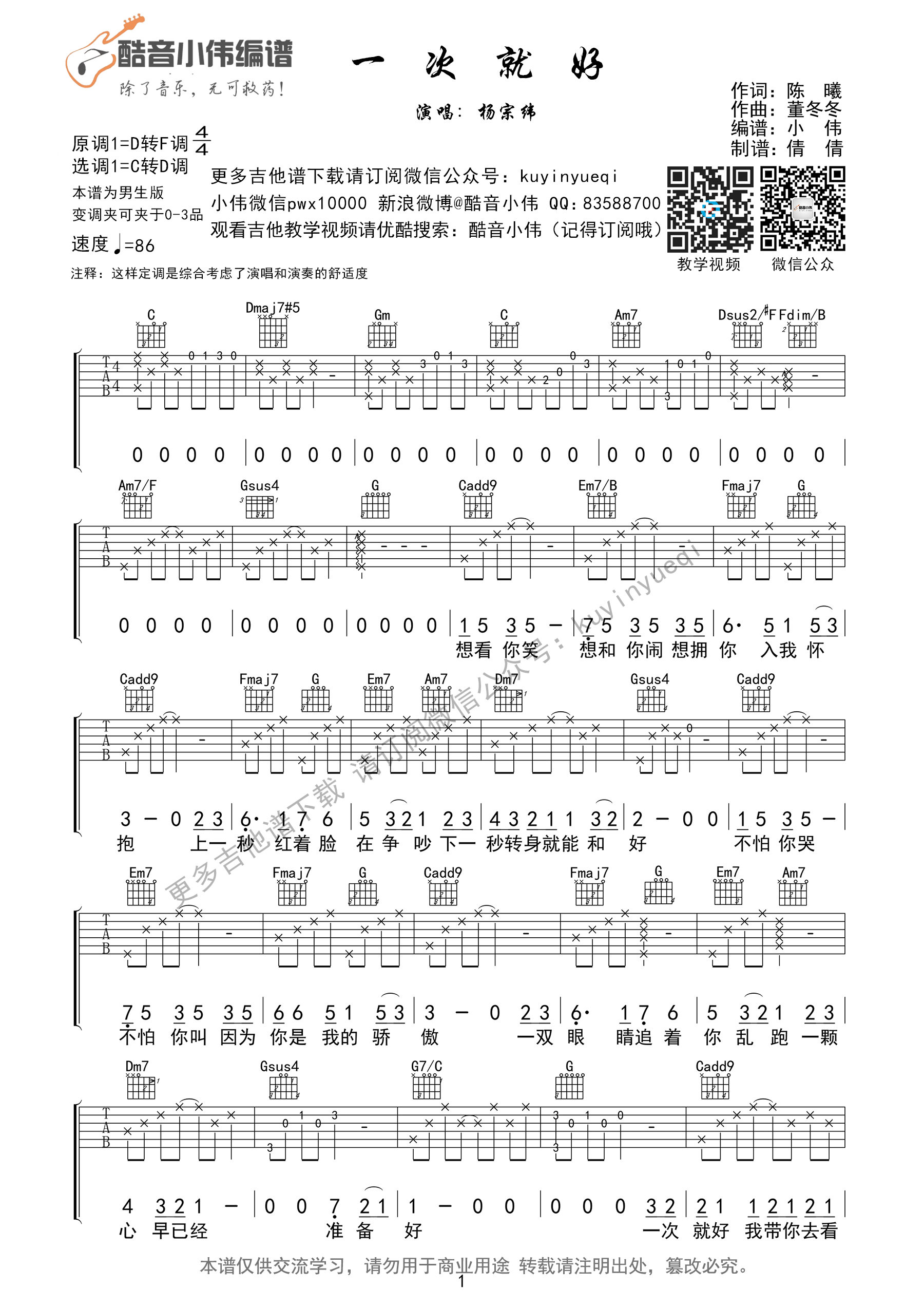 一次就好（C转D调指法） 吉他谱 - 第1张