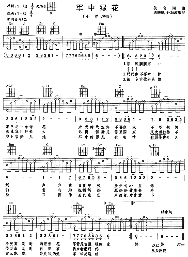 军中绿花 吉他谱 - 第1张