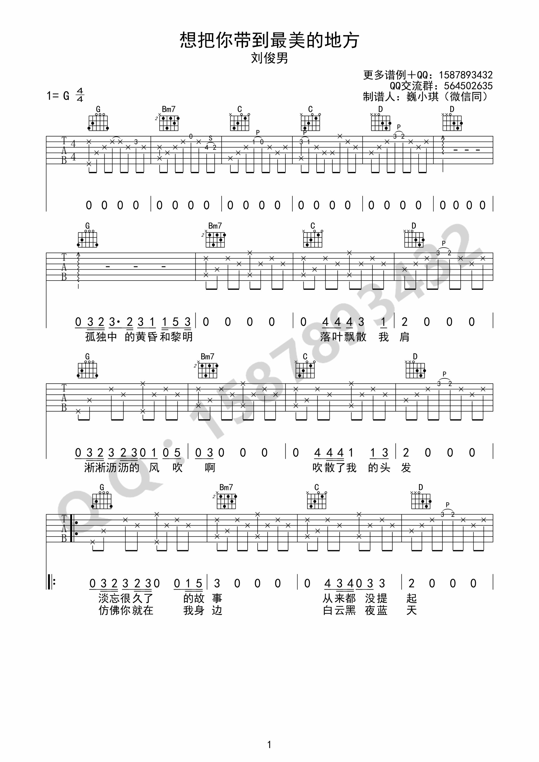 想把你带到最美的地方去（G调简单版） 吉他谱 - 第1张