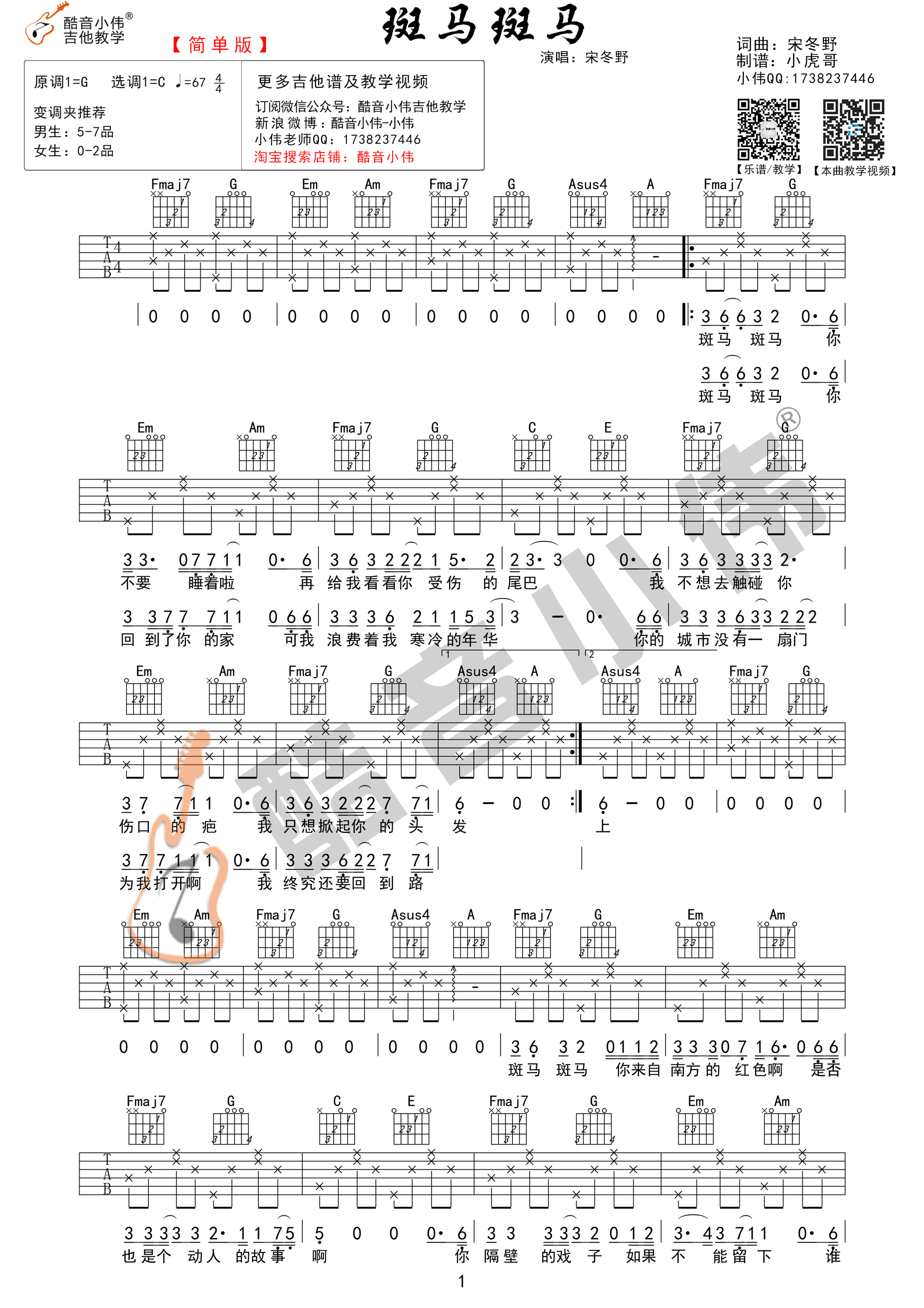  斑马，斑马（C调简单版） 吉他谱 - 第1张