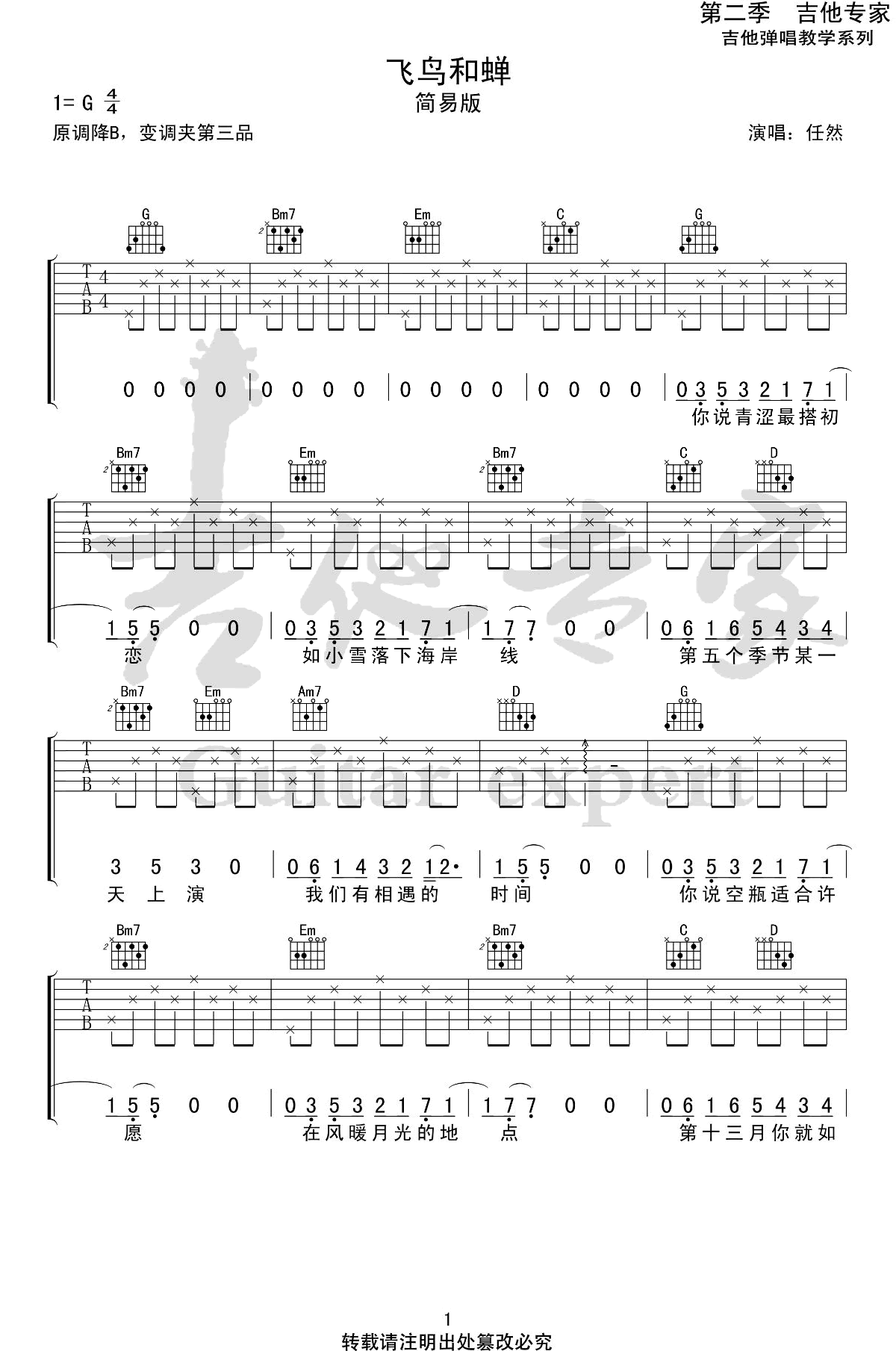 飞鸟和蝉（G调简易版） 吉他谱 - 第1张